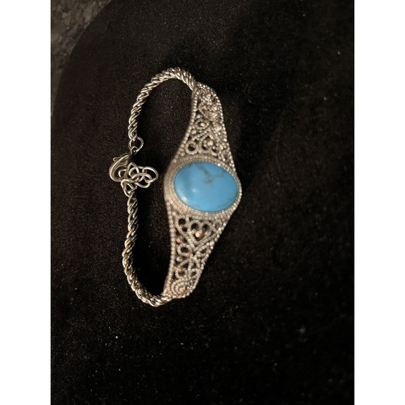 Canyon Sky Southwest Inspired Bracelet Intricate Silver Tone w/ Oval Turquoise - Picture 4 of 5